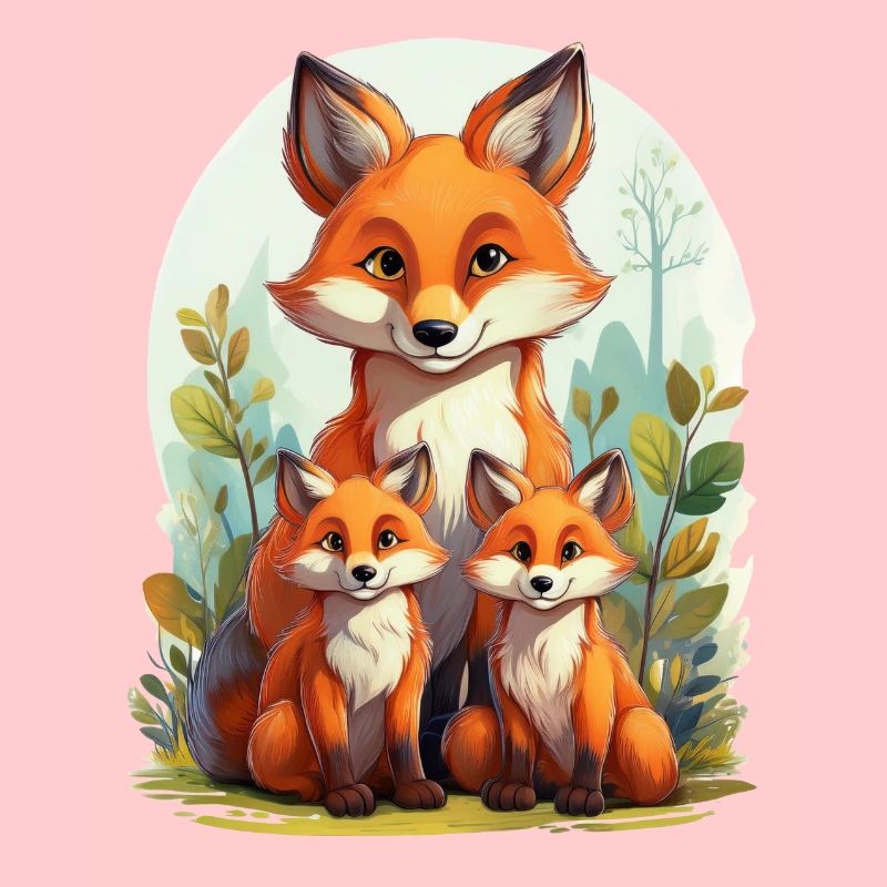 Maman renard avec ses petits dans la forêt