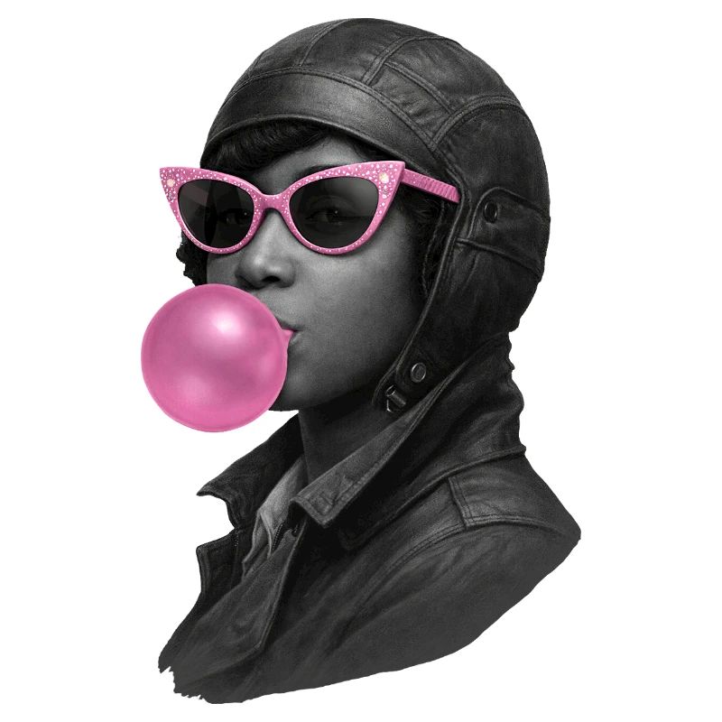Bessie Coleman con occhiali da sole rosa e gomma da masticare