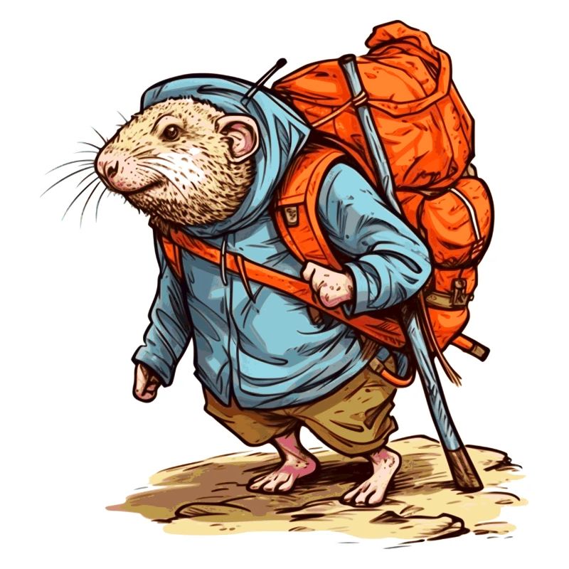 Mole rat wanders heavily packed with backpack