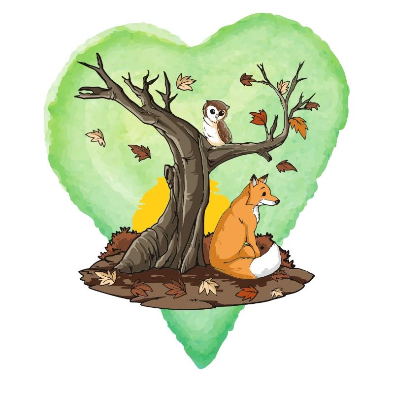 Herbst, Herbst Themen, Fuchs und Eule mit Baum, Herz