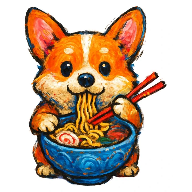 Corgi Eats Ramen Noodles