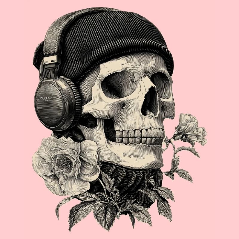Schädel mit Kopfhörer und Rose