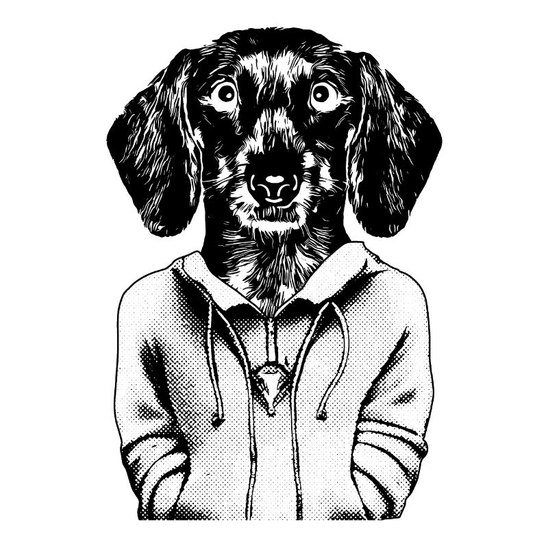 Chiot teckel comique en sweat à capuche, avec un look fidèle.