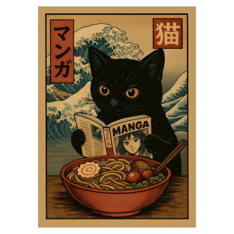 Cat lit des mangas mangeant Ramen Wave