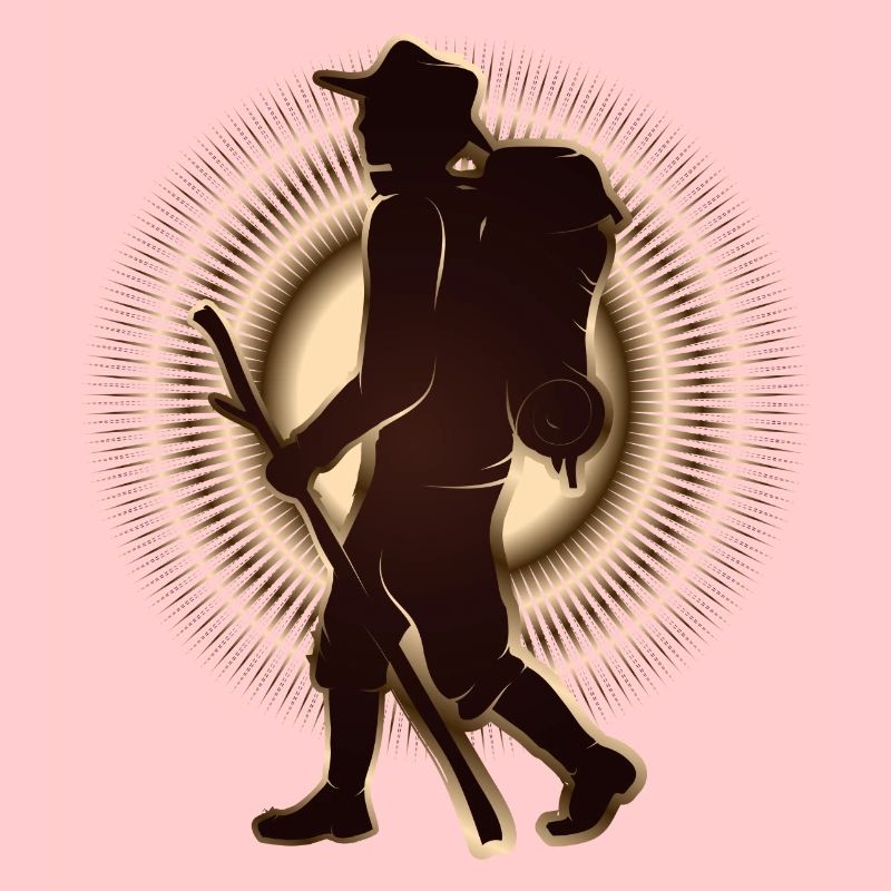 Pilgrim or hiker with walking stick & backpack