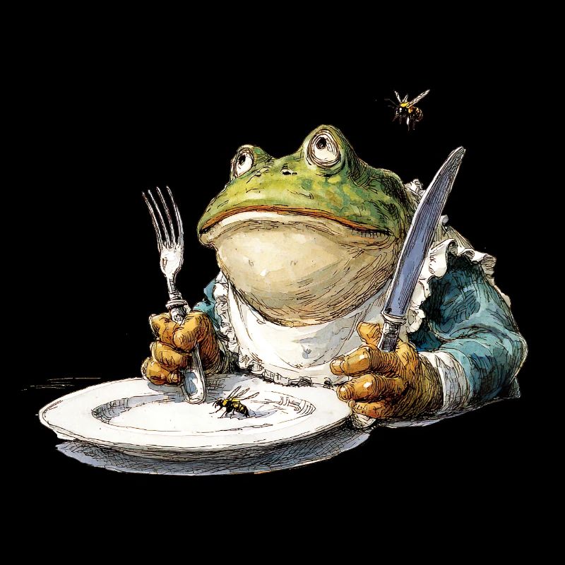 Frog at the table with cutlery