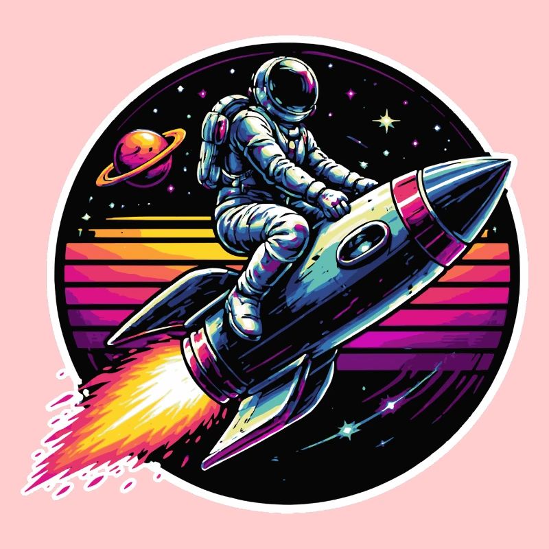Astronaute sur fusée dans un coucher de soleil rétro