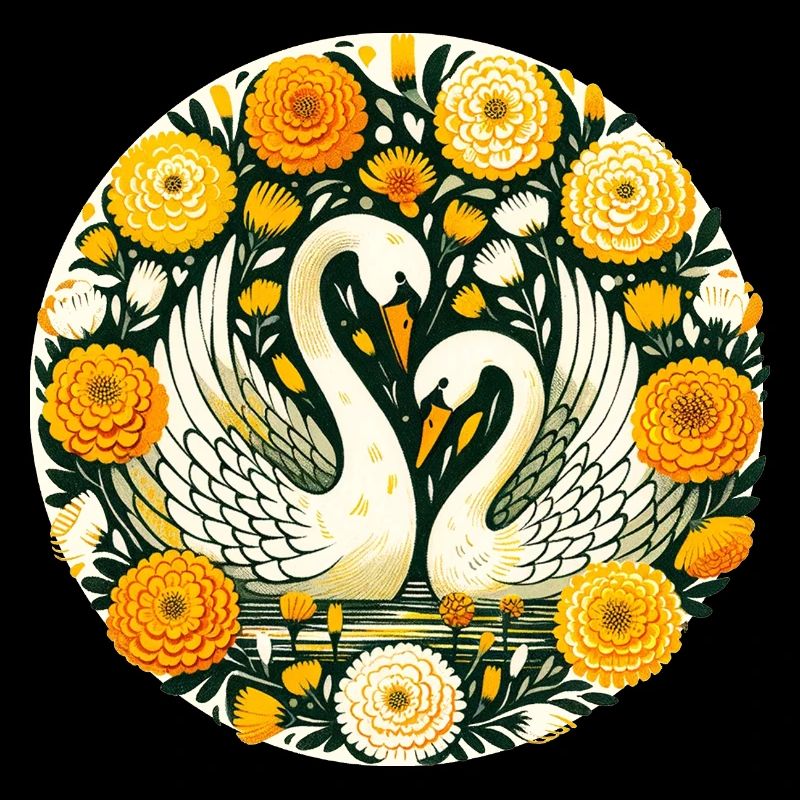 Cygnes dans le cercle fleuri doré