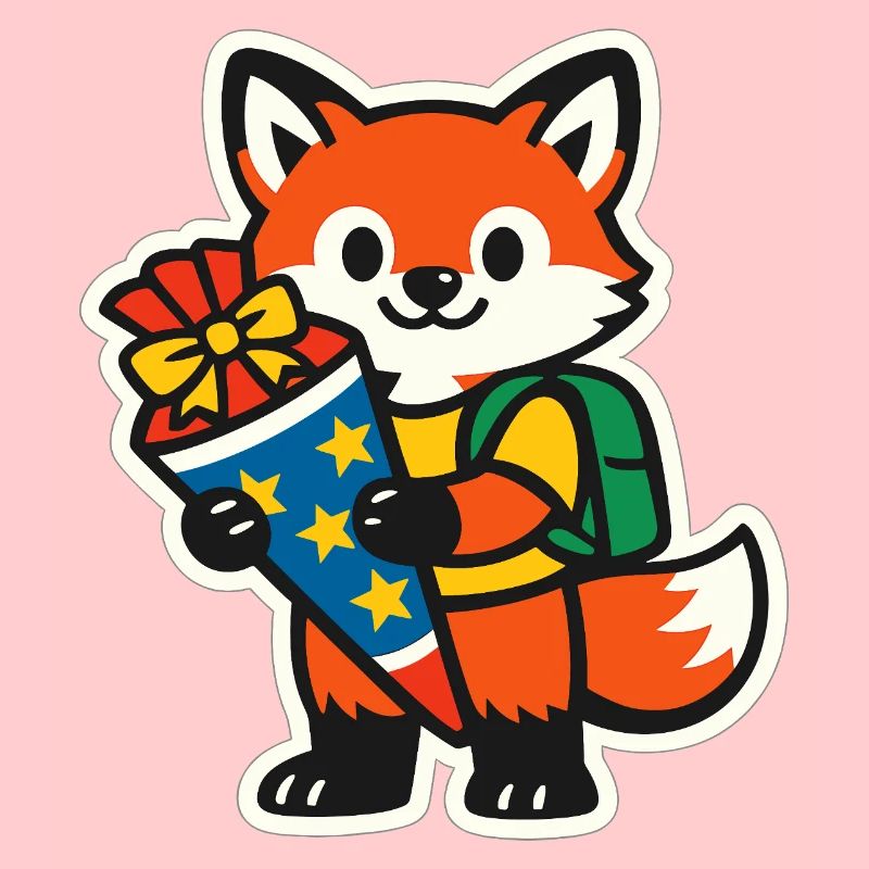 Fuchs mit Geschenk und Rucksack Einschulung