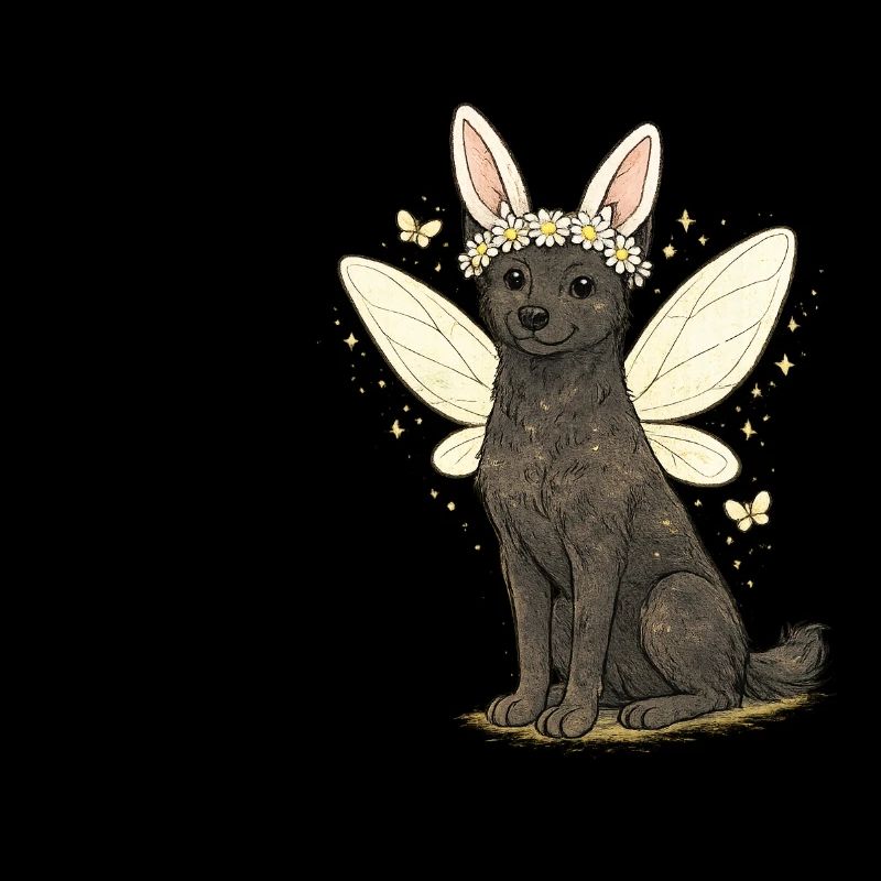 Chien Fée aux Ailes Nuageuses avec couronne de fleurs Aleu Kelpie