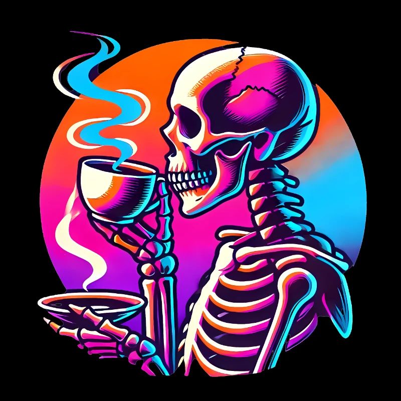Neon Skeleton Sipping Coffee Design