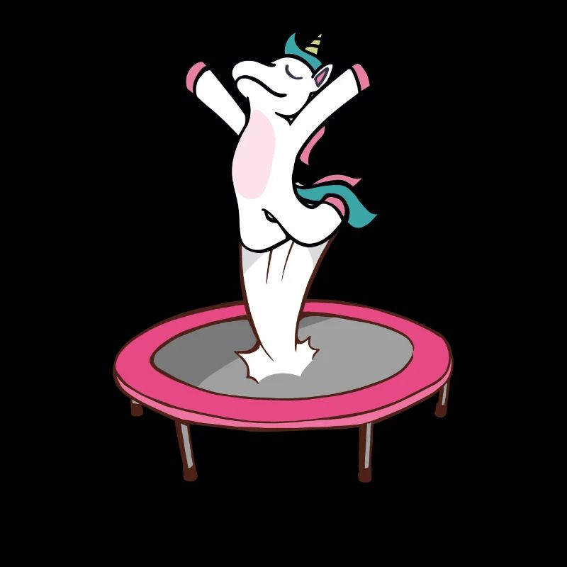 Ein Einhorn springt auf einem Trampolin.