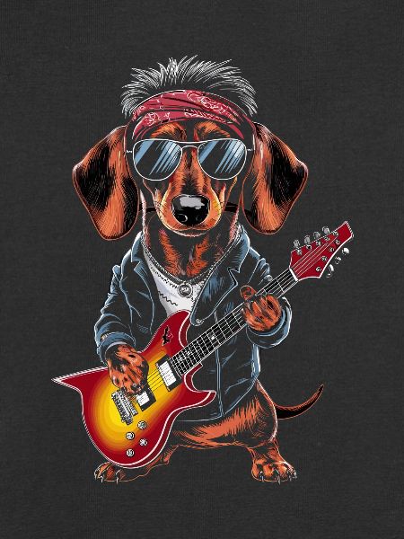 Gravhund i kostumer med guitar
