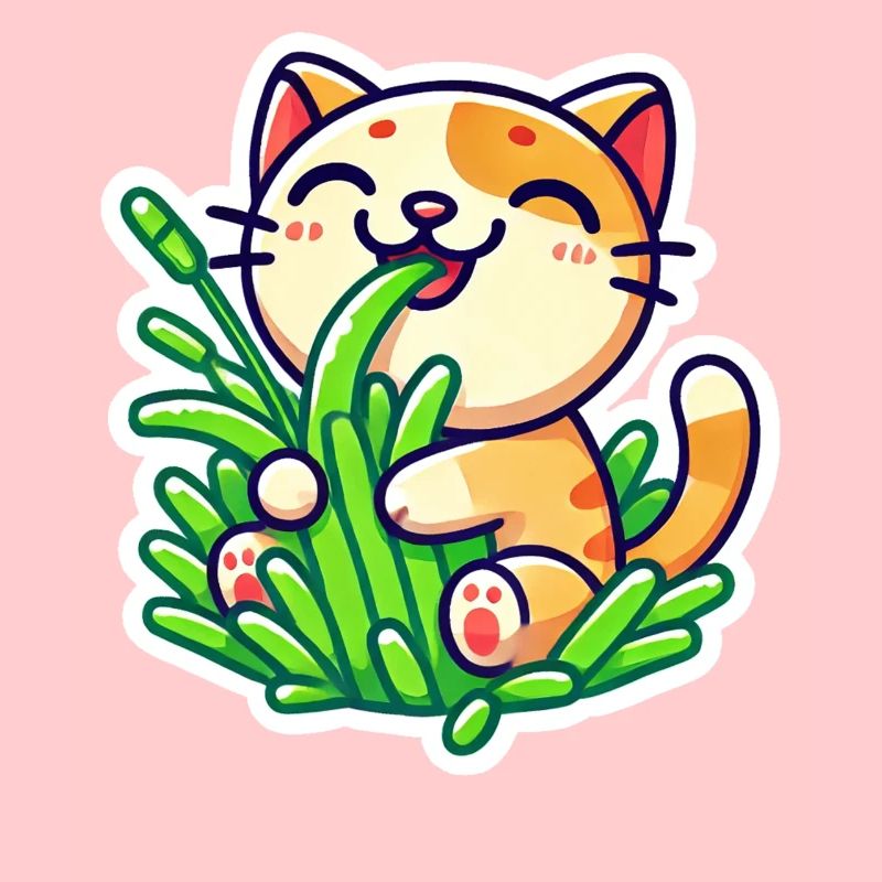 Chat roux mignon mangeant de l’herbe verte