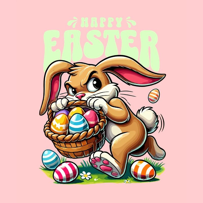 Happy Easter: Playful bunny with Easter eggs
