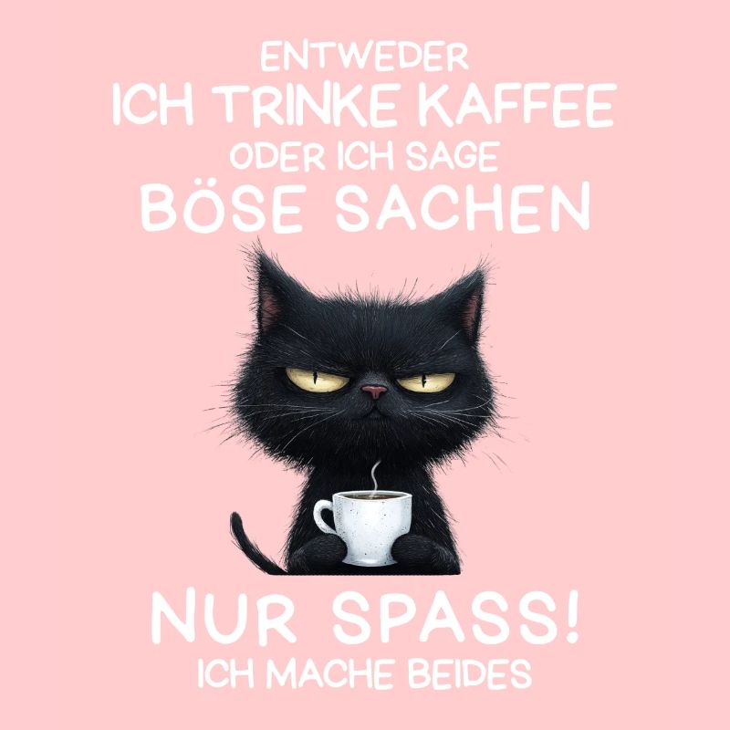 Schwarze Katze mit Kaffee und Todesblick