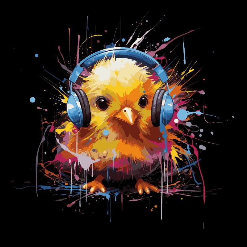 Poussin écoute de la musique avec des écouteurs