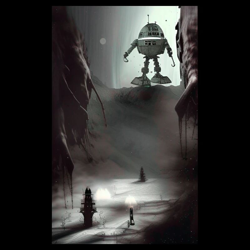 Creepy Comic robot spaceship Alien on a strange