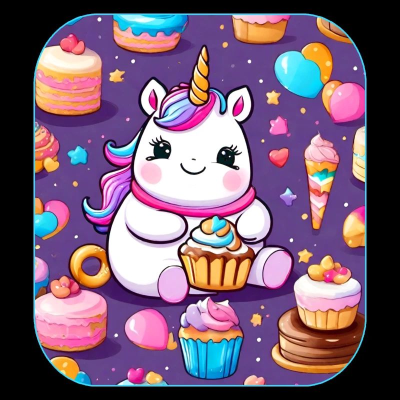 Niedliches dickes Einhorn mit Kuchen und Cup Cakes