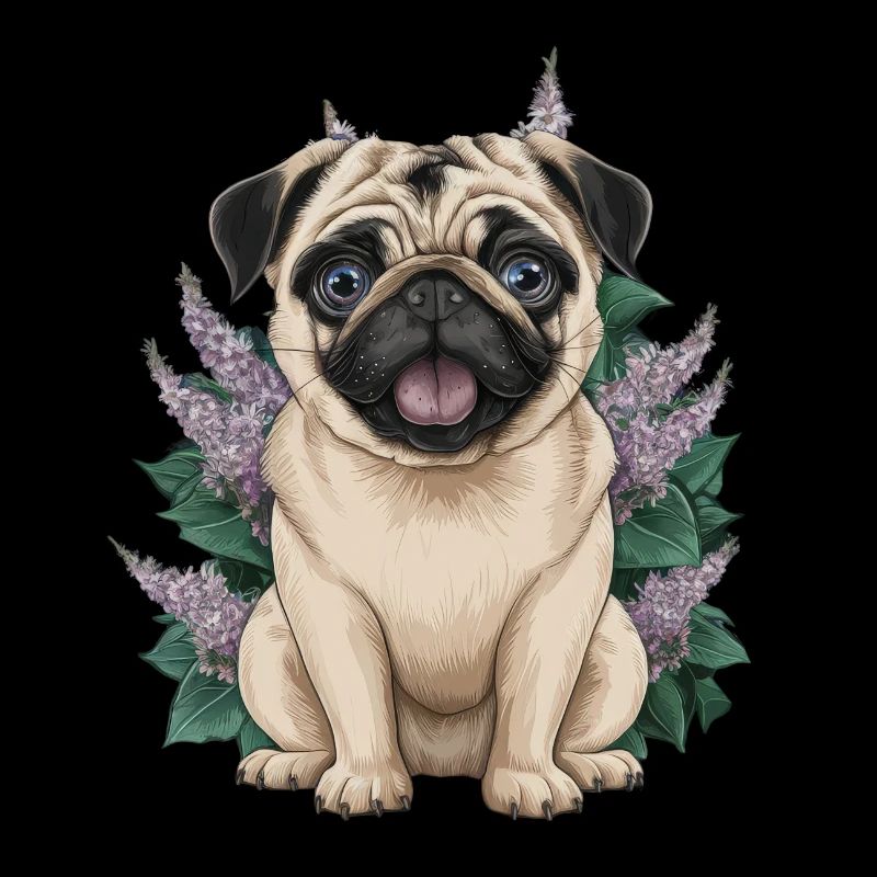 Süßer Cartoon Mops mit blumigem Hintergrund