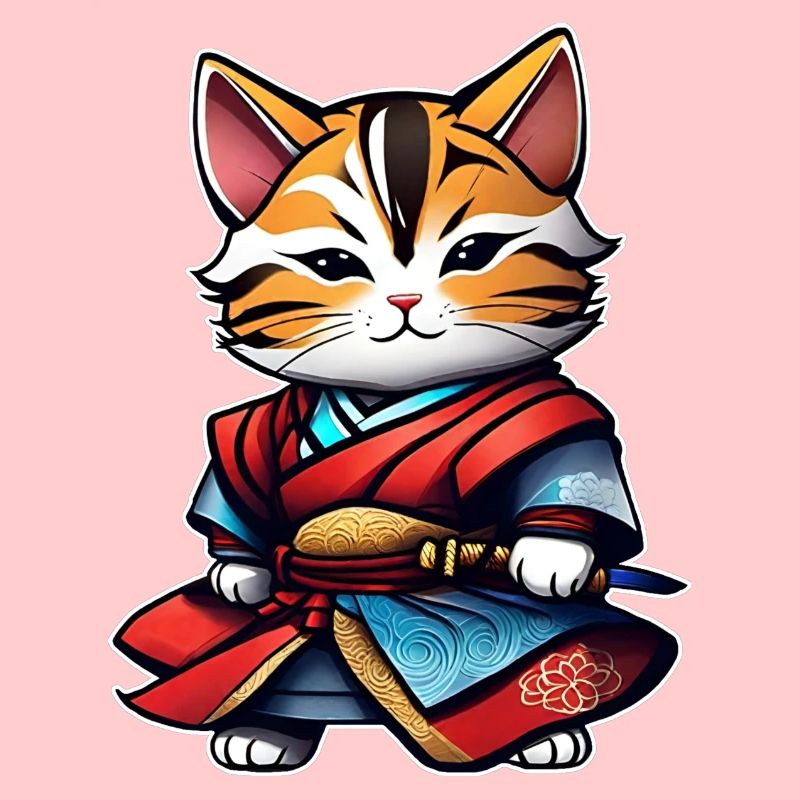 Niedliche getigerte Samurai Katze mit Dolch