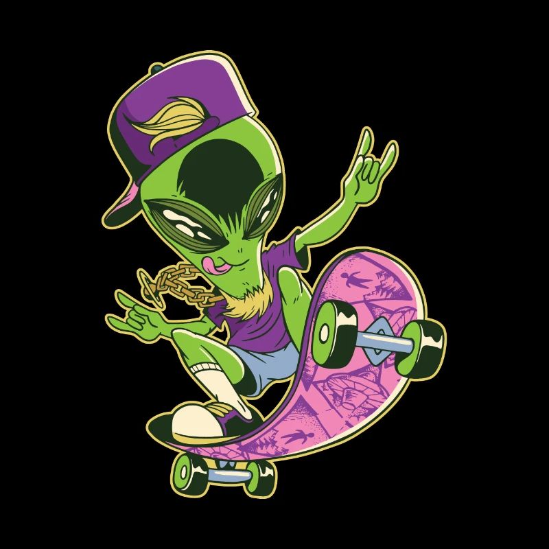 Alien Skateboarder mit coolen Skater Klamotten
