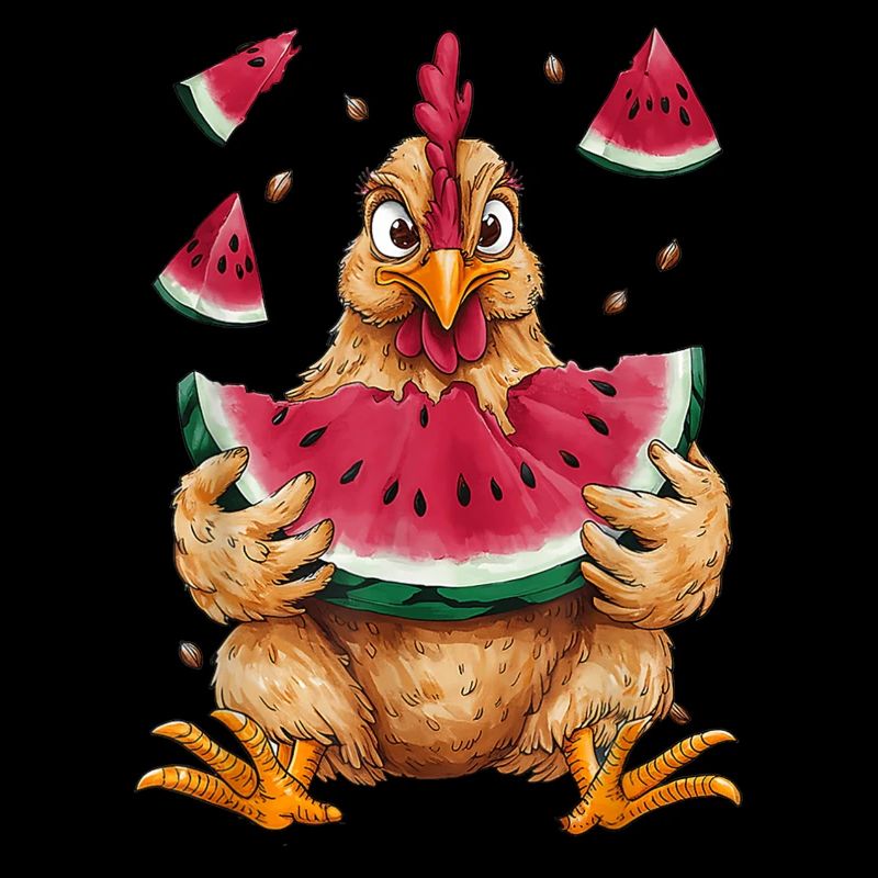 Poulet mignon mangeant des fruits de pastèque d’été