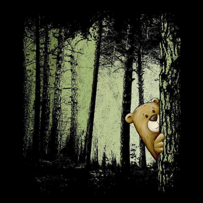 Funny comic bear hidden in the forest