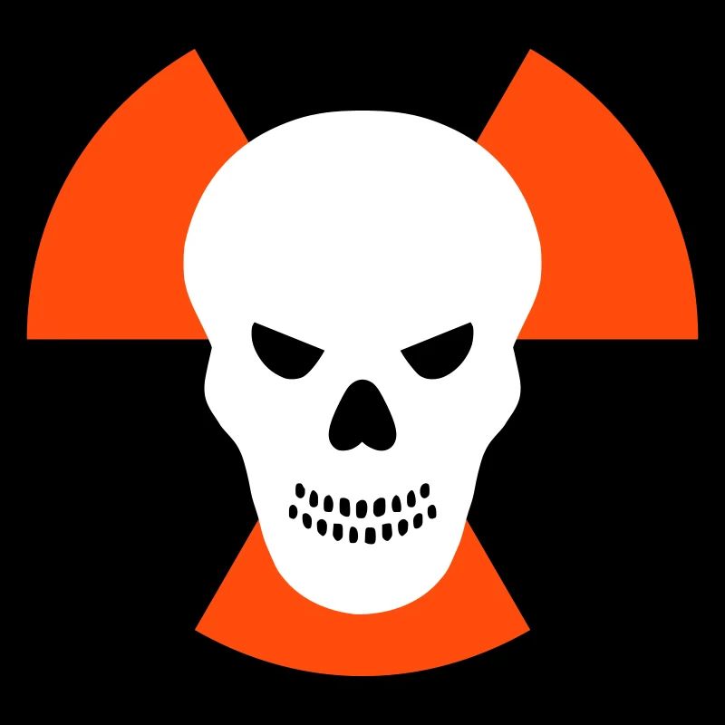 Schädel mit bösem Blick vor Strahlenwarnzeichen