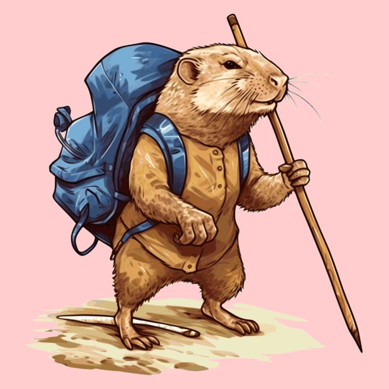 Mole rat with backpack and walking stick