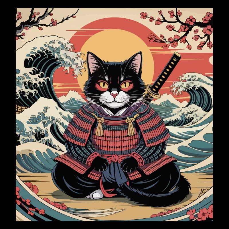 Samurai Cat with Sunset and Waves – Jap