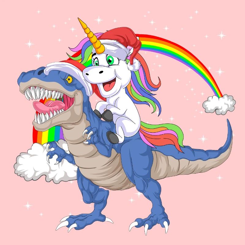 Weihnachtsmann Einhorn reitet Dinosaurier Trex Weihnachten