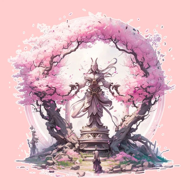 Statue under a cherry blossom tree