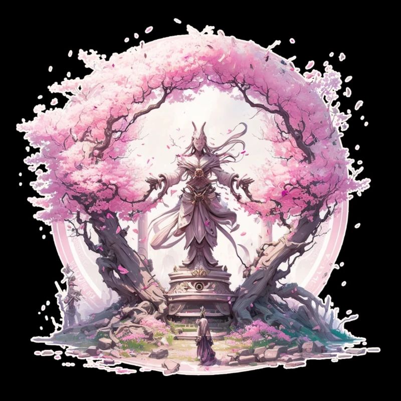 Statue sous un cerisier en fleur