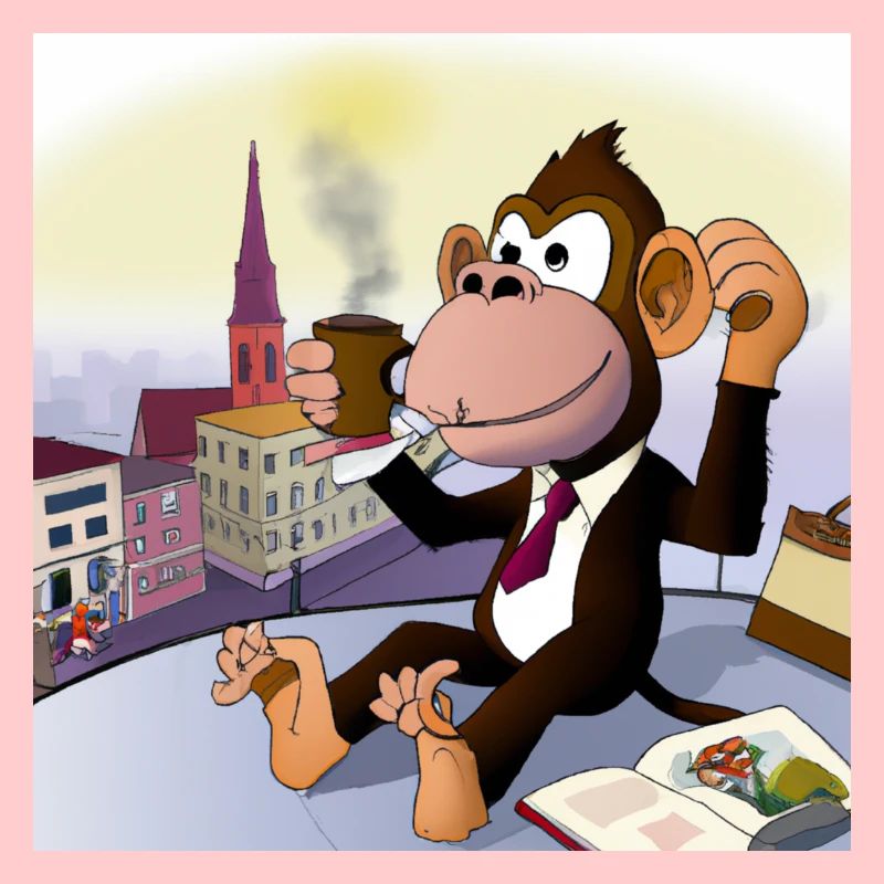Cool monkey drinks a latte macchiato in the café