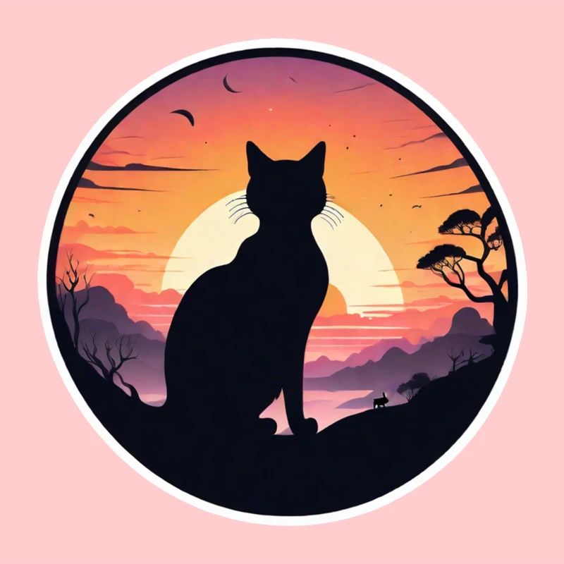 chat, paysage et coucher de soleil