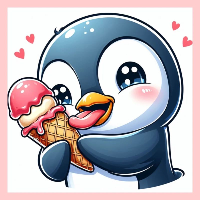 Süsser Pinguin am Softeis essen. Pinguin mit Eis