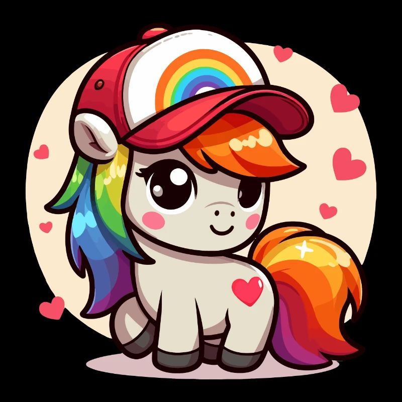Entzückendes Regenbogenpony mit Mütze