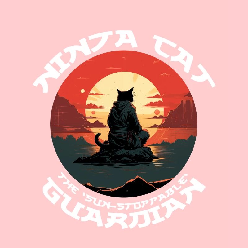 Chat noir ninja devant le soleil rouge