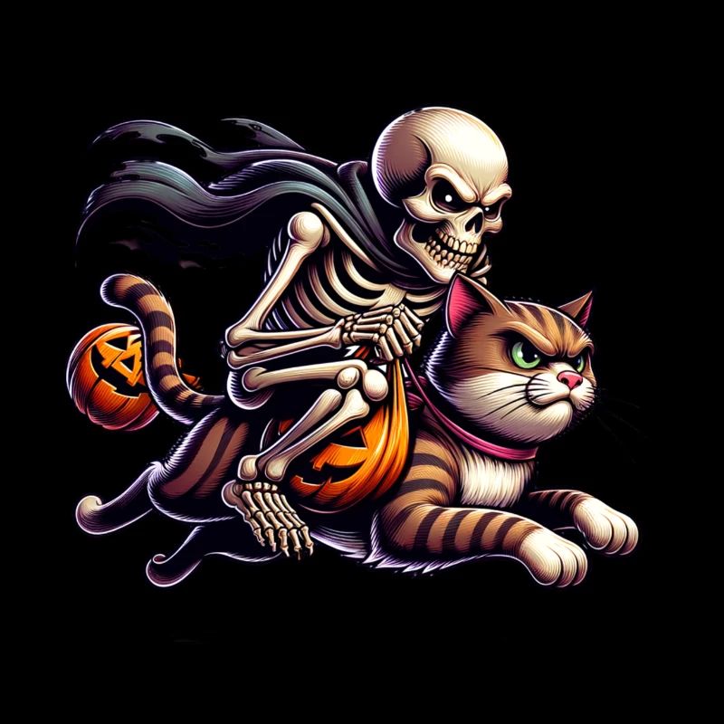 Skeleton rides on cat Halloween