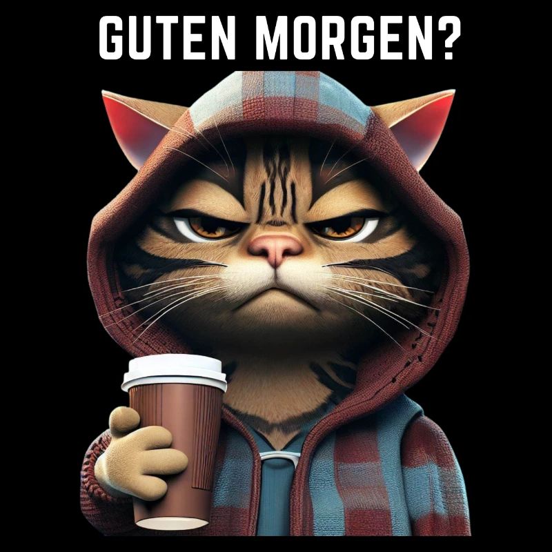 Guten Morgen Spruch mit genervter Katze mit Kaffee