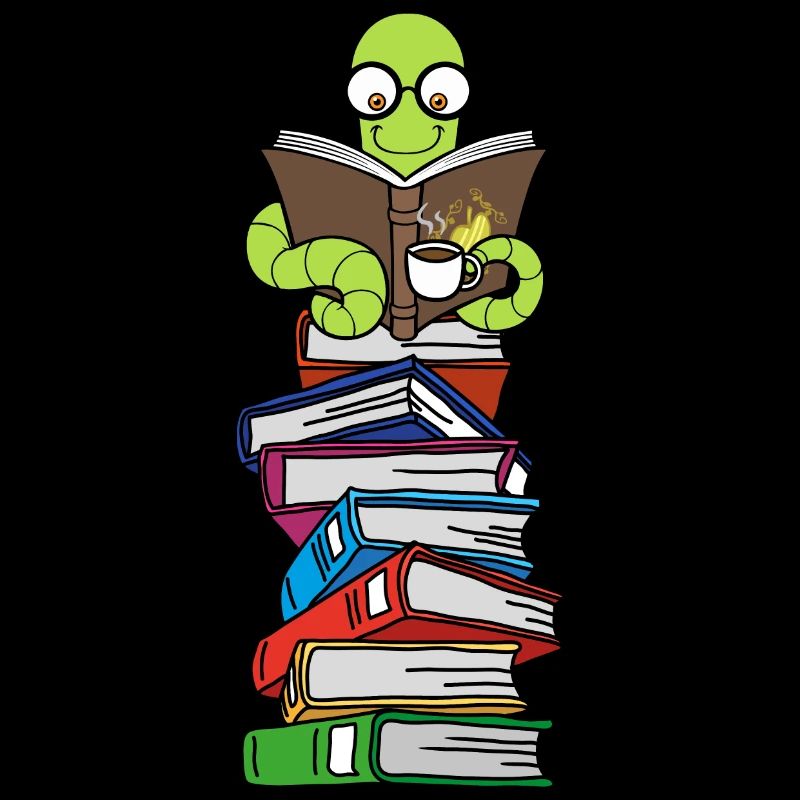 Wurm liest Bücher mit Kaffee