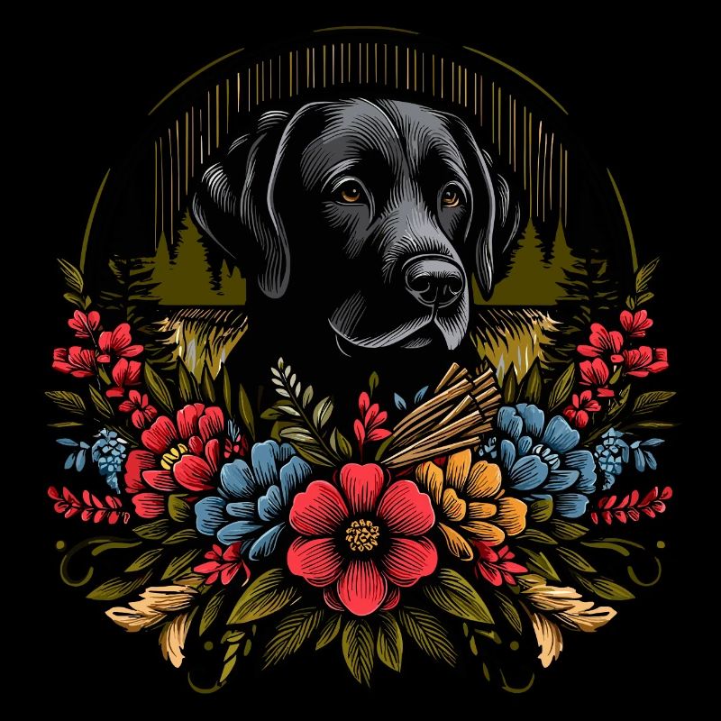 schwarzer Labrador Retriever Cottage Core Blumen