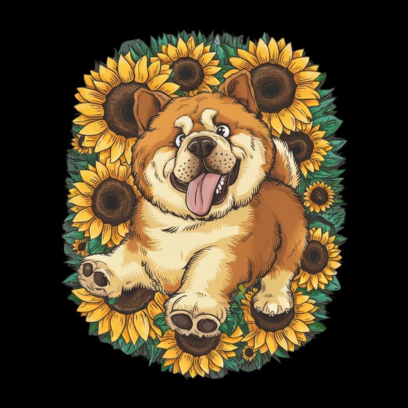 Cartoon Chow Chow with Summer Sunflowers