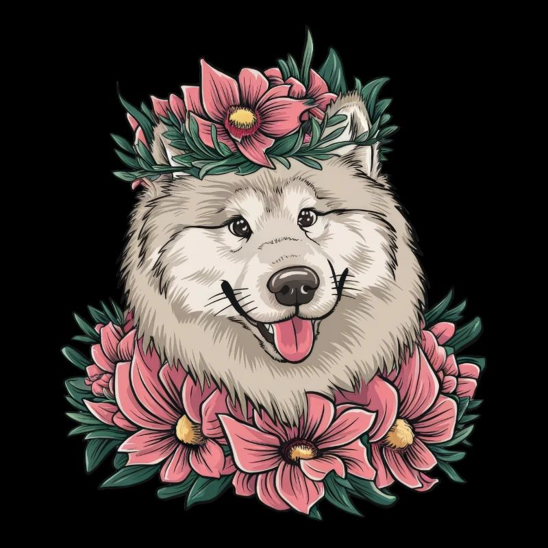 Dentelle de style dessin animé Samoyède avec de belles fleurs