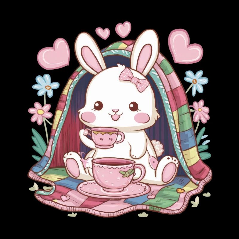 Cuddly Hawaiian bunny with tea and blanket