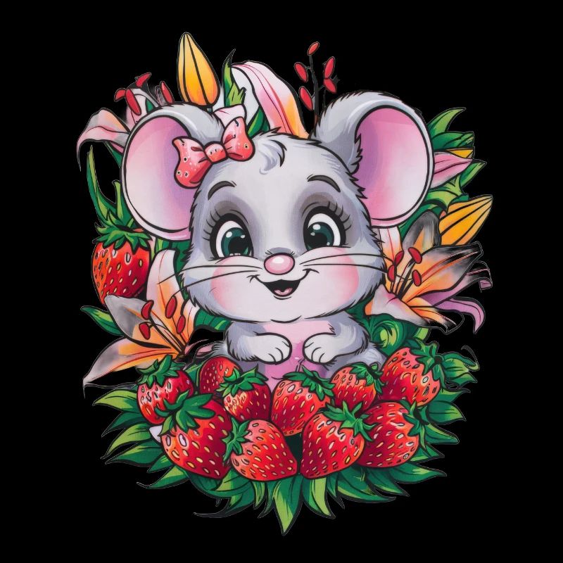 Kawaii Maus mit Erdbeeren & Lillien