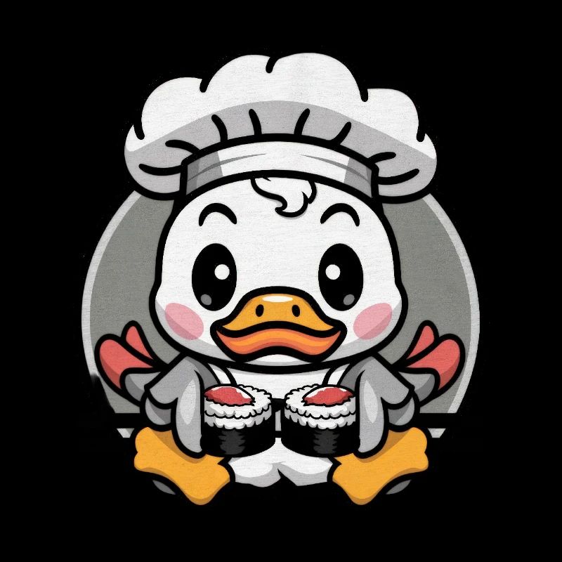 Caneton dans le style d’un dessin animé avec une toque de chef et des sushis