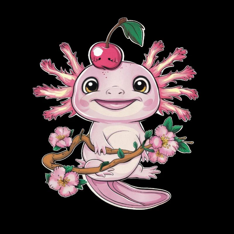 Axolotl with Cherries and Sakura Cherry Blossoms