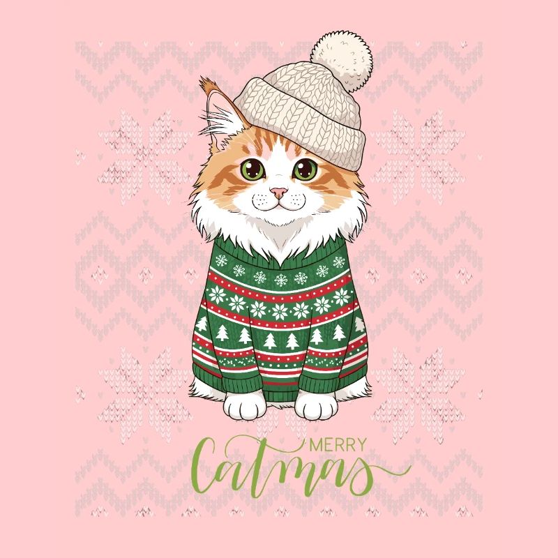 Chat Noël en pull vert et beige